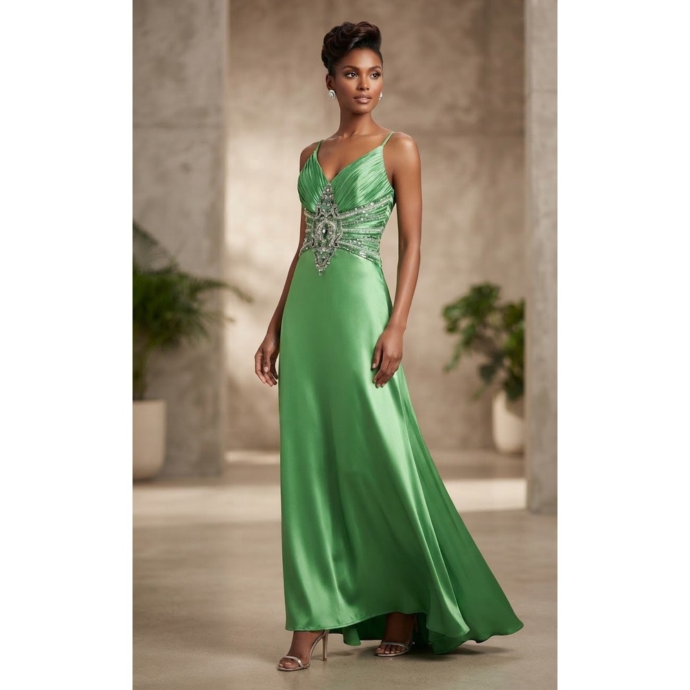 Aspeed USA Green Satin Embellished Formal Prom Gown Dress Size M